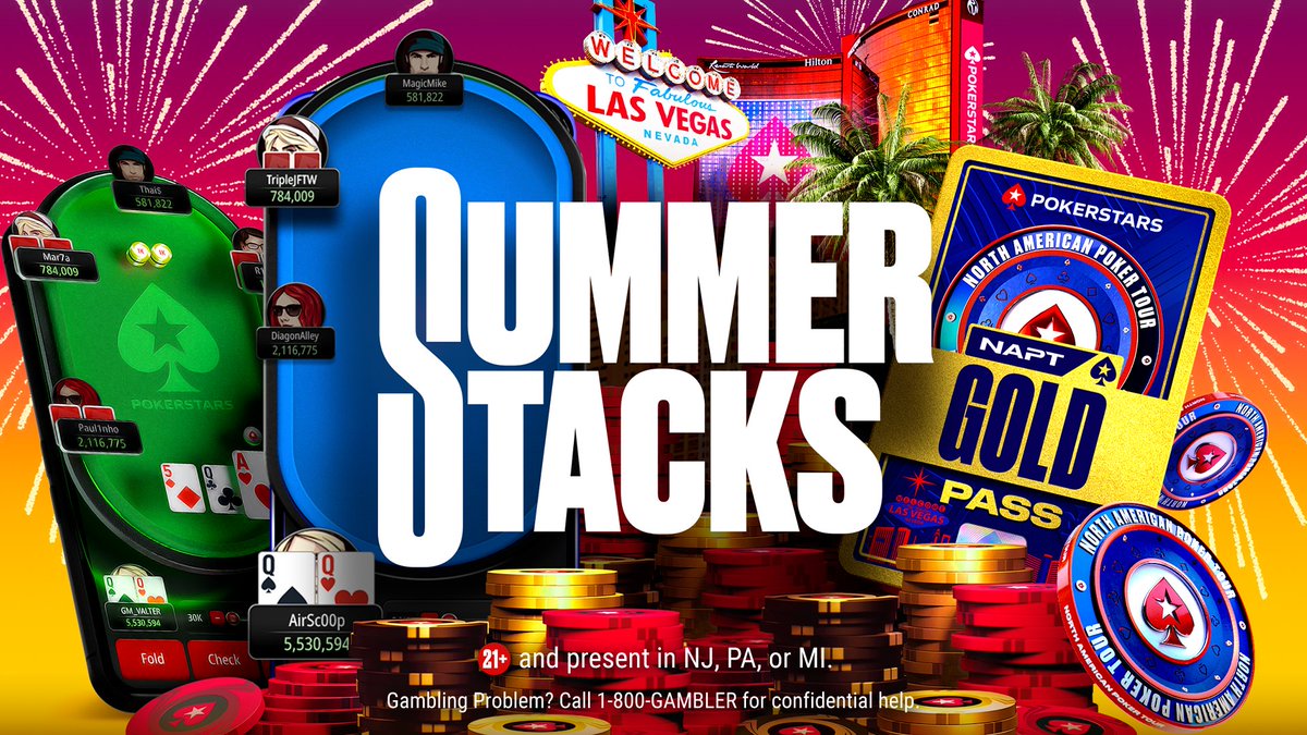 🎆 Summer Stacks is back 🎆 

📆 June 14 to July 1

1️⃣ 0️⃣ 0️⃣ Tournaments
All buyins $100 or less
$1.5M GTD in MI/NJ
$1M GTD in PA

Main Event June 30th with the winner also receiving a $10k NAPT Gold Pass