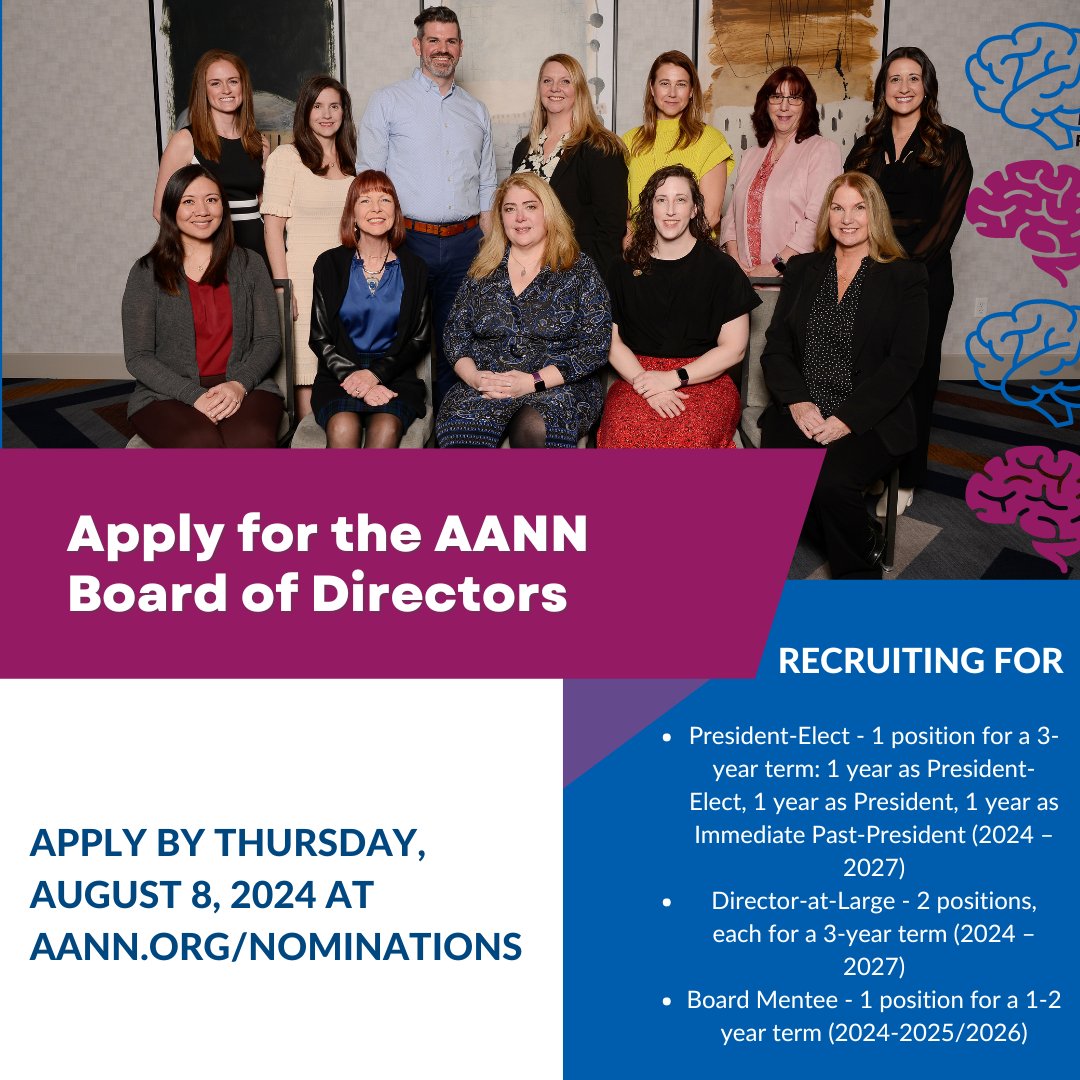 NeuroNursesAANN's tweet photo. #AANN Board Nominations Due Thursday, August 8th.
Become a vital part in shaping the future of neuroscience nursing!
Learn more and apply at https://t.co/nmnvwY80fr
#AANNBoard #nurseleader #neuronurse #neuronerd https://t.co/pwlpZxTGG2