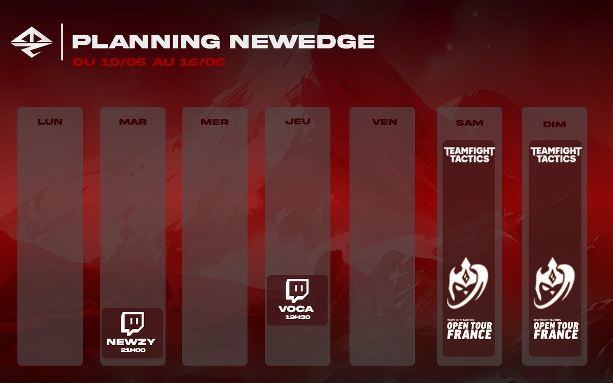 📢 La semaine bien calme 

Côté compétition ⤵️
- Open qualifiers #TFT ce Weekend 🧙

Côté ambassadeurs ⤵️
- <a href="/NewzyR6s/">Newzy</a> et <a href="/msrVoca/">Voca</a> prennent la #WebTV d’assaut ! 🚪