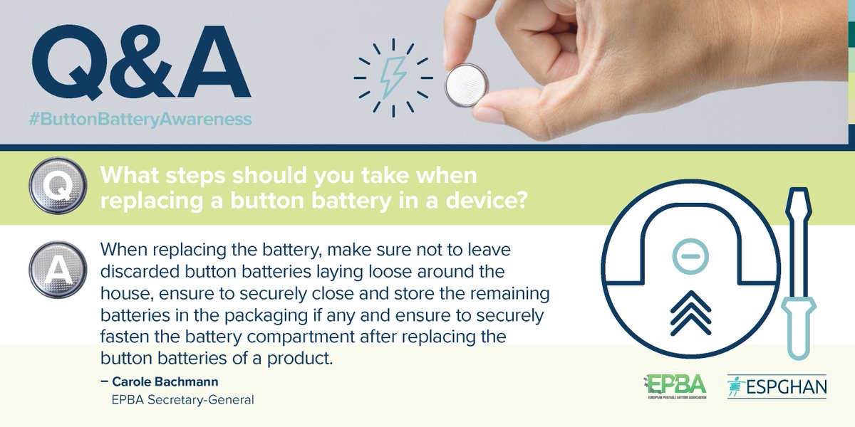 ESPGHANSociety's tweet image. What steps should you take when replacing a button battery in a device? 🛠️ 

Ensure safe storage and secure fastening to prevent accidental ingestion 🔋🔧

Learn more from @CaroleBachmann, Secretary-General at @EPBA_batteries. 
#ButtonBatteryAwareness #ChildSafety