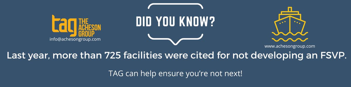 TheAchesonGroup's tweet image. Did you know that last year, more than 725 facilities were cited for not developing an #FSVP? TAG can help ensure you're not next! achesongroup.com/supply-chain-m…

#foodsafety #foreignsupplier