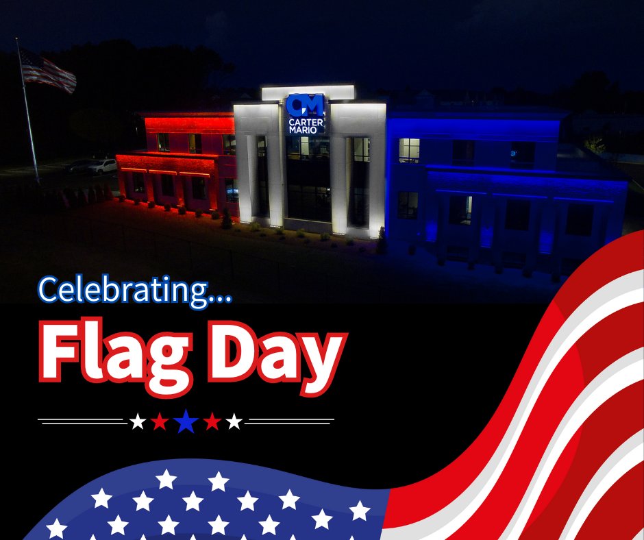 CarterMario's tweet photo. We're celebrating flag day at our Milford headquarters! ❤️🤍💙 #flagday #getcarter #cartermariolawfirm #buildinglights https://t.co/HqLnVZ22GK