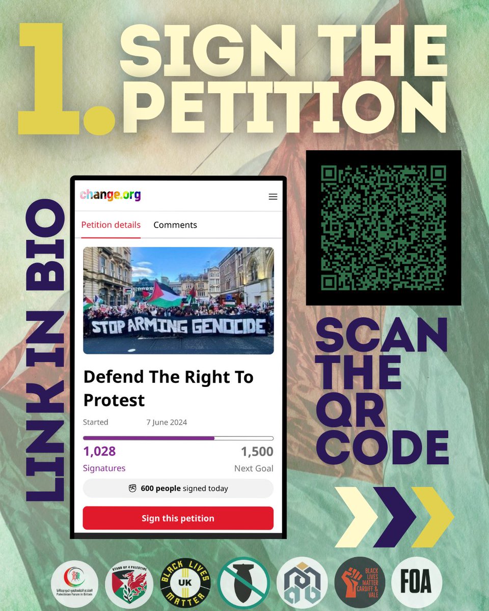 BLMCardiff's tweet photo. 3 WAYS 🫵 CAN SUPPORT OUR CAMPAIGN! 🚨

1. Sign our petition (link in bio!)
2. Add your organisation's name to our statement 
3. Donate to the legal fees fundraiser 

We must defend our movement. We CANNOT allow the establishment to criminalise us. https://t.co/zpLM6kL3IY
