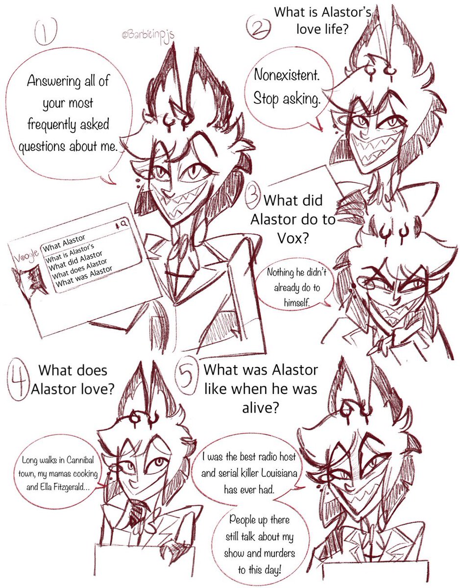 Barbieinpjs's tweet photo. Since some of you guys want answers😂 #Alastor #HazbinHotelFanart https://t.co/3hPTgjfuQz
