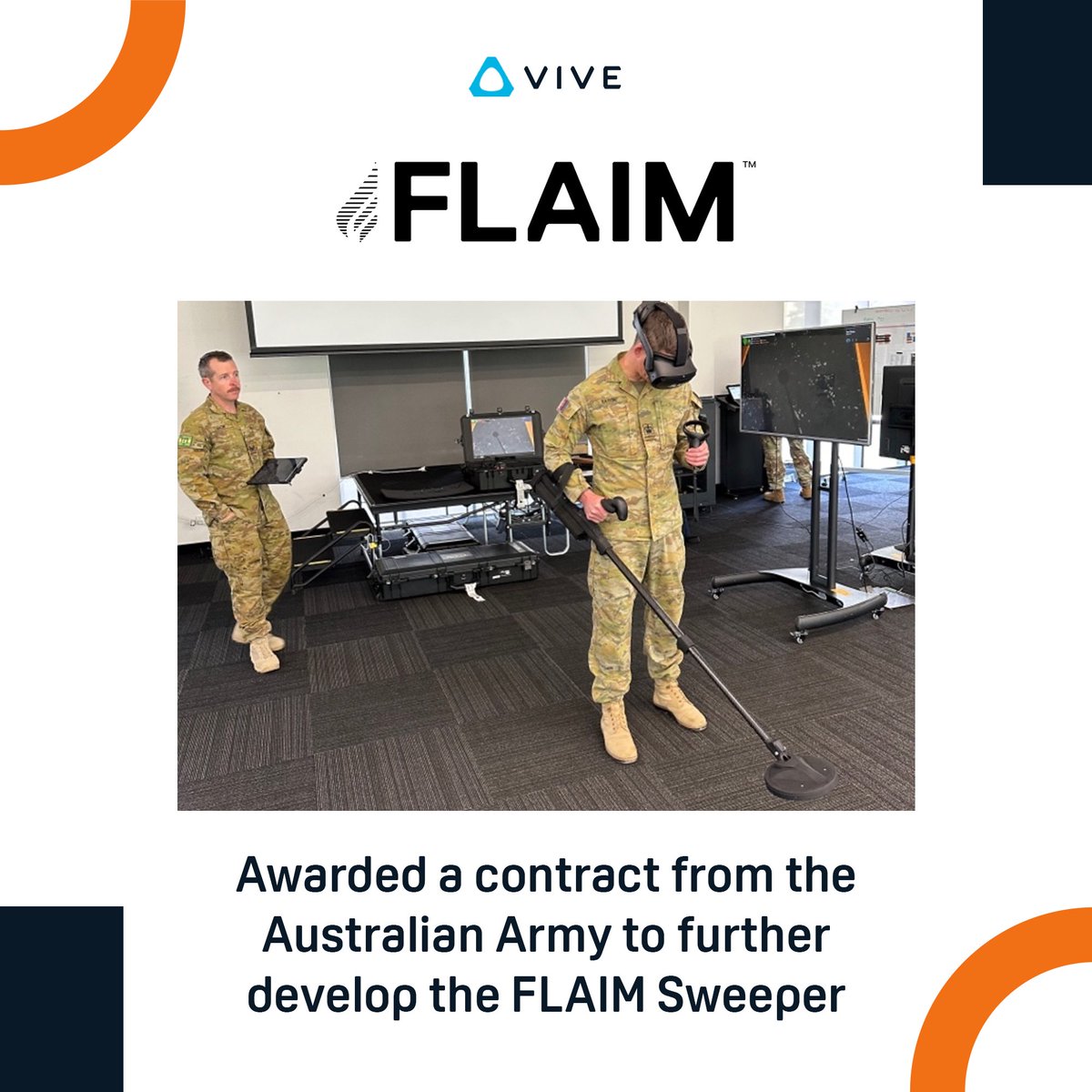 htcvive's tweet photo. VIVE Partner, @FLAIM_Systems, has been awarded a $A1.32m contract from the Australian Army to further develop the FLAIM Sweeper, an immersive countermine and explosive hazard awareness training system: https://t.co/AJDTch1hfd
#VIVEPartner #FLAIM #FLAIMSweeper #Army #Training #VR https://t.co/7sCON06EUp