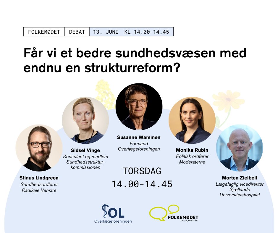 Overlægeforeningen (@overlgeforening) on Twitter photo Om mindre end et døgn offentliggør <a href="/Strukturkom/">Sundhedsstrukturkommissionen</a> flere forslag til, hvordan vi får et bedre sundhedsvæsen.
De forslag debatterer <a href="/stinuslindgreen/">Stinus Lindgreen</a> <a href="/MonikaaRubin/">monika rubin</a> <a href="/sidsel_vinge/">Sidsel Vinge</a> <a href="/MortenZiebell/">morten ziebell</a> <a href="/SWammen/">Susanne Wammen</a> med <a href="/OleToftSundhed/">OleToft</a> på #FMDK torsdag 14.00-14.45.
Kom og vær med #dkpol #sundpol Om mindre end et døgn offentliggør <a href="/Strukturkom/">Sundhedsstrukturkommissionen</a> flere forslag til, hvordan vi får et bedre sundhedsvæsen.
De forslag debatterer <a href="/stinuslindgreen/">Stinus Lindgreen</a> <a href="/MonikaaRubin/">monika rubin</a> <a href="/sidsel_vinge/">Sidsel Vinge</a> <a href="/MortenZiebell/">morten ziebell</a> <a href="/SWammen/">Susanne Wammen</a> med <a href="/OleToftSundhed/">OleToft</a> på #FMDK torsdag 14.00-14.45.
Kom og vær med #dkpol #sundpol