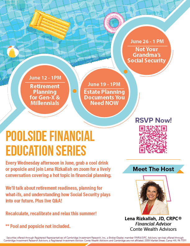Poolside Financial Education Series with Lena Rizkallah!

Sign up today for our first seminar on June 12th at 1 p.m. entitled "Retirement Planning for Gen X &amp; Millenials."

bit.ly/PoolsideFinanc…