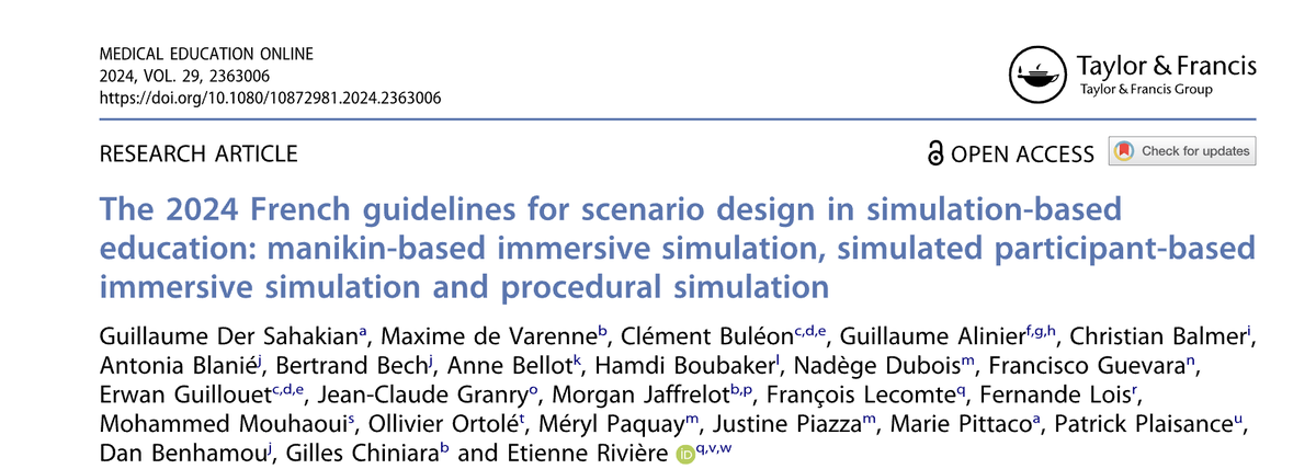 LabForSims's tweet image. ✨ Guidelines  SoFraSimS pour la création de scénarios de simulation immersive avec  mannequin, de simulation immersive avec patient simulé, et de simulation  procédurale.
✨ Bravo à toute l&apos;équipe de la @LaSoFraSimS !
tandfonline.com/doi/full/10.10…
#simulation