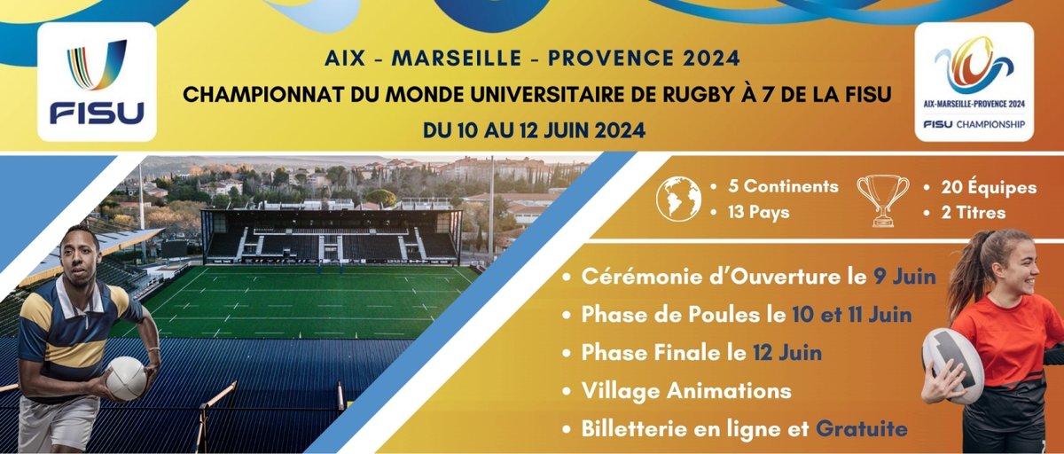 Le championnat du monde de rugby à 7 de l'université est officiellement lancé !

Rendez-vous aujourd'hui pour suivre les premiers matchs et encourager vos équipes préférées !

Pour plus d'informations et les dernières mises à jour, suivez-nous !

🔗rugbysevens2024.fisu-events.com