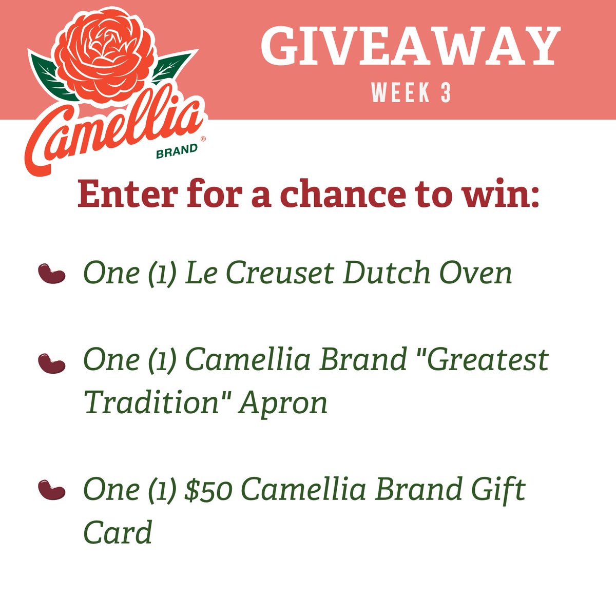 It's the FINAL WEEK of our epic stovetop cooking giveaway! 🍲🔥 Enter now for your chance to win:

1 Le Creuset Signature Enameled Cast Iron Round Oven
1 Camellia Brand "Greatest Tradition" Apron
1 $50 Camellia Brand Gift Card

Enter: woorise.com/camelliabrand/…