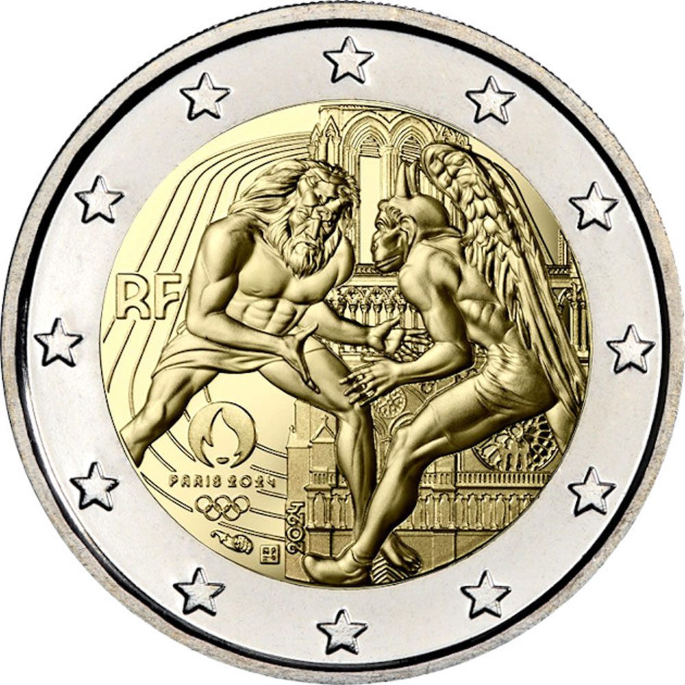 javierubioo's tweet photo. El pasado 4 de junio se pusieron en circulación las monedas conmemorativas de los JJOO de París 2024.

La torre Eiffel corriendo es mi favorita, pero la gárgola de NotreDame haciendo lucha grecorromana con Hércules no se queda atras. https://t.co/1G85Lf8baS