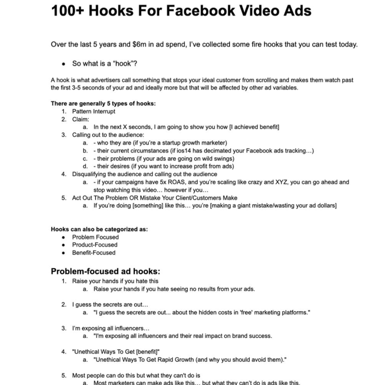 Over the last 5 years running Facebook ads, I've collected a list of 100+ proven Facebook ad hooks.

Some of them have scaled to over $600k/mo in ad spend.
And they are yours today!

Like, Retweet, and comment "hooks," and I'll DM it to you(must follow)