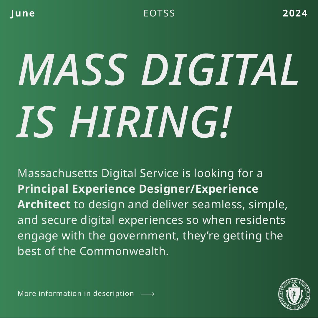 We’re looking for a Principal Experience Designer/Experience Architect to design and deliver accessible, seamless, simple, and secure digital experiences so when residents engage with the government, they’re getting the best of the Commonwealth. More: ow.ly/QMoG50SeaiY