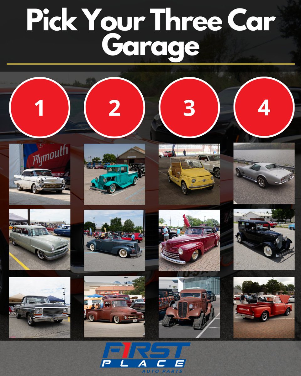 firstplace_auto's tweet photo. Choose your 3 car garage lineup
------------------------
Find parts for your project at https://t.co/8JrjplRTwk or click our bio link.
#FPAP #classiccars #musclecars #holleybrands #holleyefi #trifive #nova #mustang #chevy #mopar #carparts #lowered #squarebody #obstrucks #sedan https://t.co/qqSJ4mzyXM