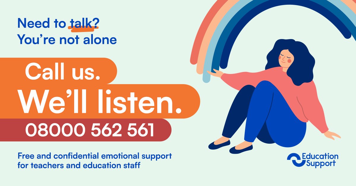 Education Support provides a free and confidential helpline to everyone working in education. <a href="/EdSupportUK/">👩‍🏫 Education Support 👨‍🏫</a> 

It’s staffed by qualified counsellors and provides immediate emotional support. 

Available 24/7 on 08000 562 561.
educationsupport.org.uk/get-help/help-…