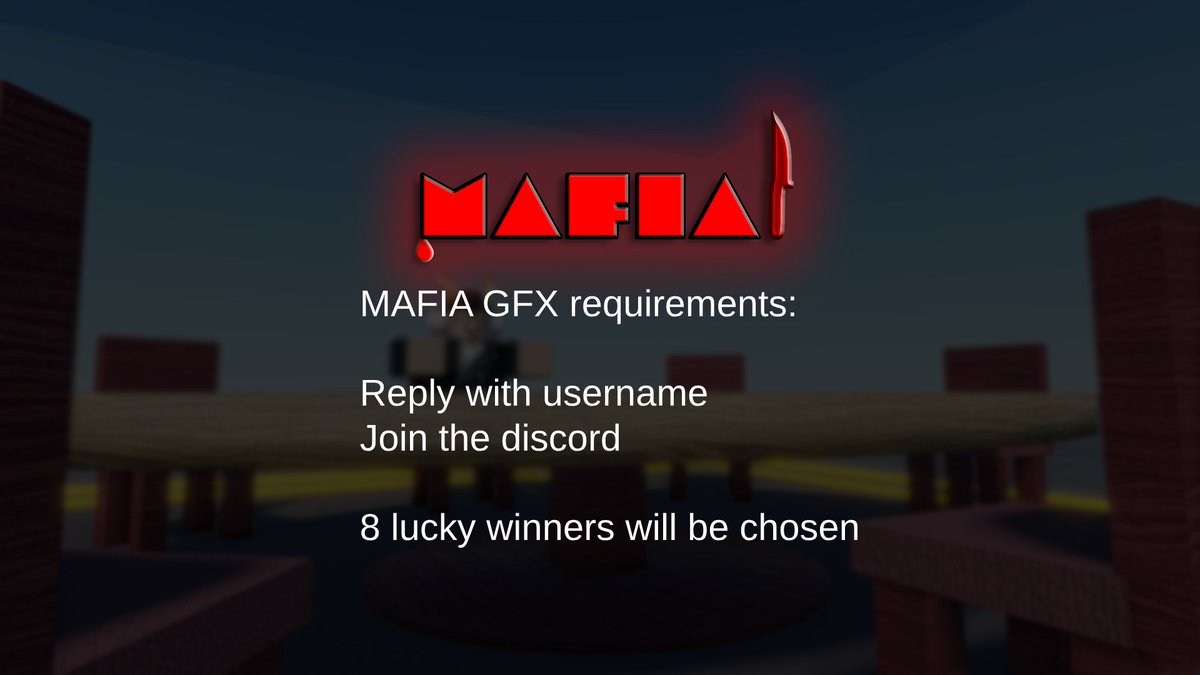 Wanna be on my game's thumbnail GFX ⁉️
8 Lucky users will be chosen!⭐️⭐️⭐️

🚨Requirements:🚨

Reply with your username ⏬
Join the MAFIA! Discord server 👥

MAFIA! Server: discord.com/invite/WNhqWqs…

#Roblox #RobloxDev #RobloxGFX