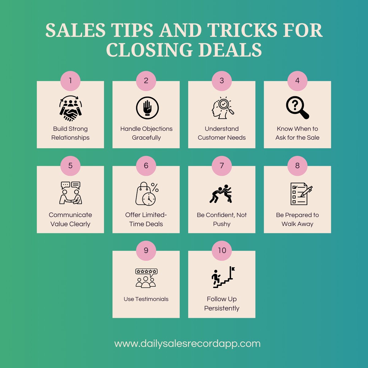 DSalesApp's tweet image. Closing is an art, and like any artist, you need the right tools and techniques to create your masterpiece. Here are ten tips and tricks to help you seal the deal, ensuring a successful and satisfying close for both you and your customer.

#closingtips #salessuccess #artofclosing