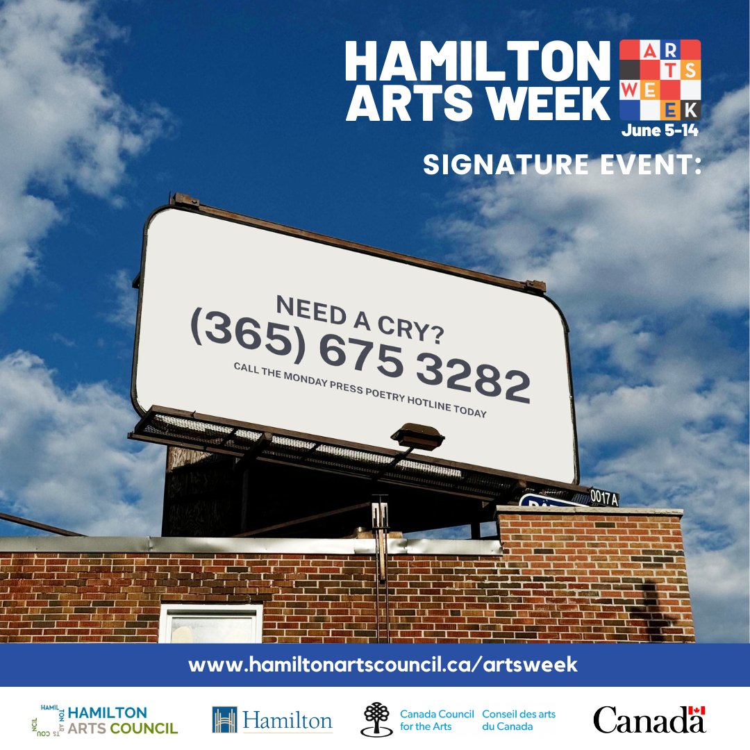 HamArtsCouncil's tweet photo. ☎️ Presented by Monday Press as a Signature Event for #HamiltonArtsWeek, it's Dial-A-Poem! Call (365) 675 3282 and you'll hear a poem from a local artist! 🗣️

🌐 Discover 100 arts events happening this week by visiting https://t.co/R20eoe4O26

#HamOnt #HamArts #TheArtyCrowd https://t.co/MUxOwMPiNf