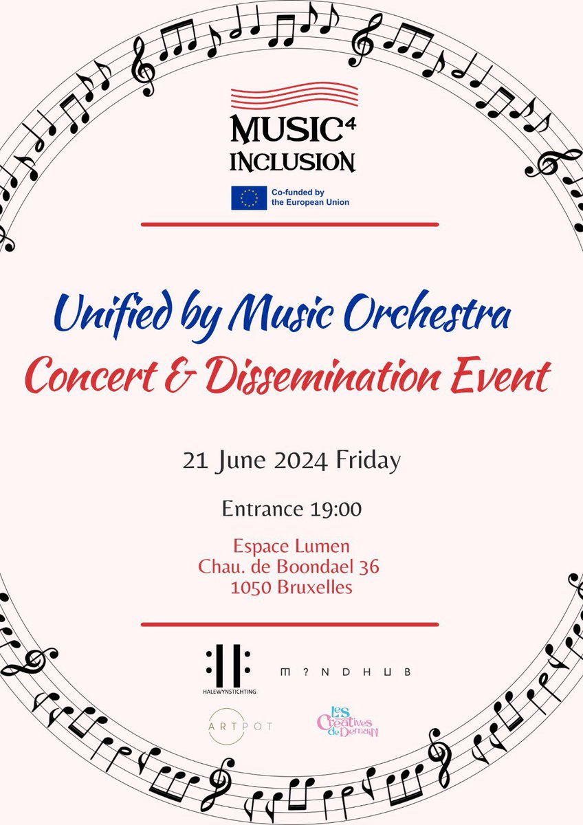 Save the date! 🎼

Our project’s final event, the Unified By Music Orchestra’s Concert &amp; Dissemination Event, will be held in #Brussels. Participation is free of charge and open to all. 

<a href="/Music4Inclusion/">music4inclusion</a> is an #ErasmusPlus project co-funded by <a href="/EU_Commission/">European Commission</a>.🇪🇺