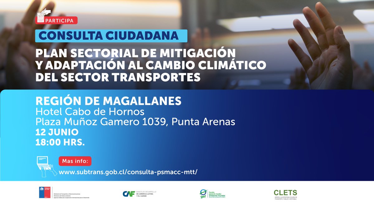Programa de Vialidad y Transporte Urbano (@mttsectra) on Twitter photo Participa de nuestro próximo taller de consulta ciudadana del #PSMACC_MTT del <a href="/MTTChile/">Ministerio de Transportes y Telecomunicaciones</a> en la ciudad de #PuntaArenas.
Para más información ingresa a subtrans.gob.cl/consulta-psmac…
¡te esperamos! 🌍🚌🚲🚶☀️🌧️ Participa de nuestro próximo taller de consulta ciudadana del #PSMACC_MTT del <a href="/MTTChile/">Ministerio de Transportes y Telecomunicaciones</a> en la ciudad de #PuntaArenas.
Para más información ingresa a subtrans.gob.cl/consulta-psmac…
¡te esperamos! 🌍🚌🚲🚶☀️🌧️