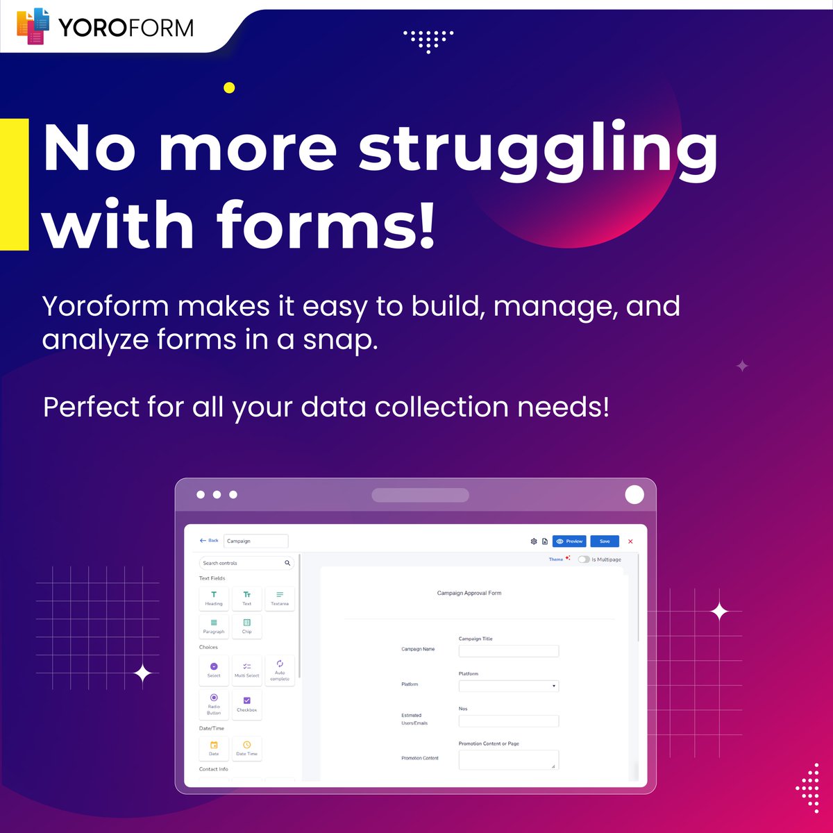 yoroflow's tweet photo. Dealing form creation with complex coding?
Try #Yoroform: Where Form Creation Meets Perfection!
Key Features:
1️⃣ Drag-and-drop builder
2️⃣ Customization options
3️⃣ Seamless integration
4️⃣ Advanced analytics
Try now: https://t.co/lIbgizneKB https://t.co/zNEnGqwIgO