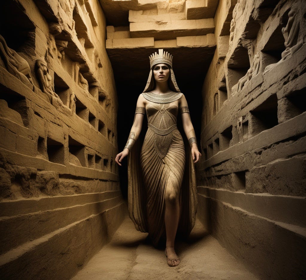 SaCha1689's tweet image. When Sumerian goddess Inanna journeys to the Underworld, she wears the crown of heaven, a breastplate, a beaded necklace, &amp;amp; a gold ring. At each gate, she&apos;s made to remove the garments one by one, leaving her vulnerable, &amp;amp; she&apos;s struck dead by Underworld judges. #MythologyMonday