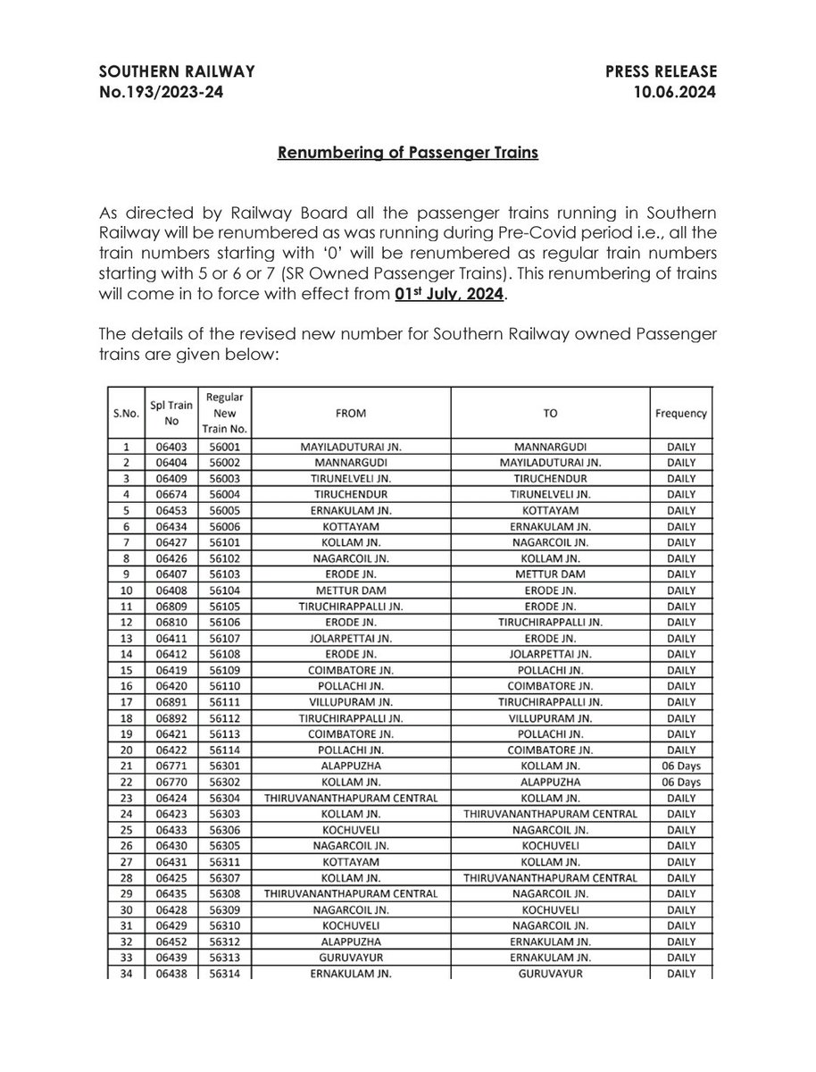 drm_tvc's tweet image. Passengers please note, as per Railway Board's instructions, Southern Railway passenger trains will revert to their pre-Covid numbers, changing from '0' to start with 5, 6, or 7. This renumbering takes effect on July 1, 2024.

#SouthernRailway #RailwayBoard #PassengerTrains