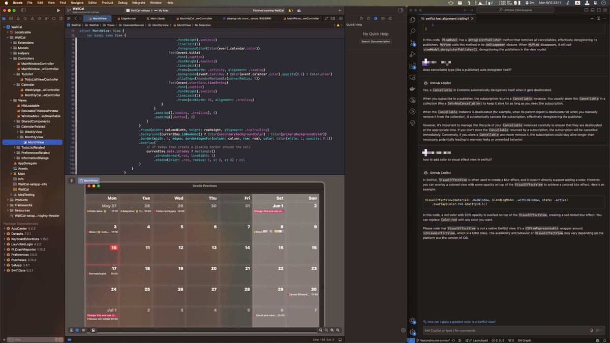 minhnh94's tweet photo. After months I finally finished rewriting @WallCalApp's month view from AppKit to SwiftUI 💪 yes, it's still alive, I have no plan to let it rotten into abandonware just yet 😅
A sneak peak of development behind the scene before I push the new update to App Store 🛠️ https://t.co/KH42ciq7qD