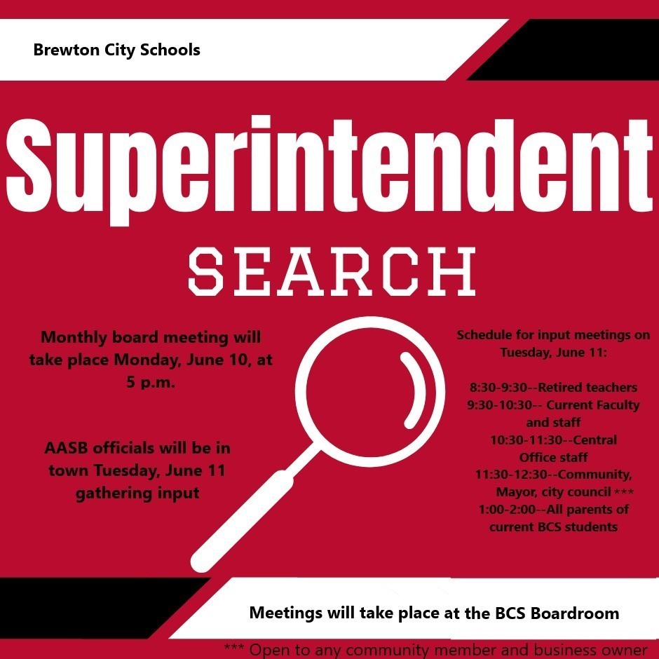 BCS Superintendent Search Input meetings will take place Tuesday, June 11. Please see the attached graphic for details. brewtoncityschools.org/article/163082…