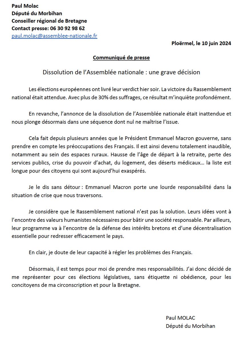 Dissolution de l'Assemblée : une grave décision. Emmanuel Macron porte une lourde responsabilité dans la situation de crise que nous traversons. Mais le RN n'est pas la solution. Je serai candidat à ma succession dans la 4ème circonscription du Morbihan.