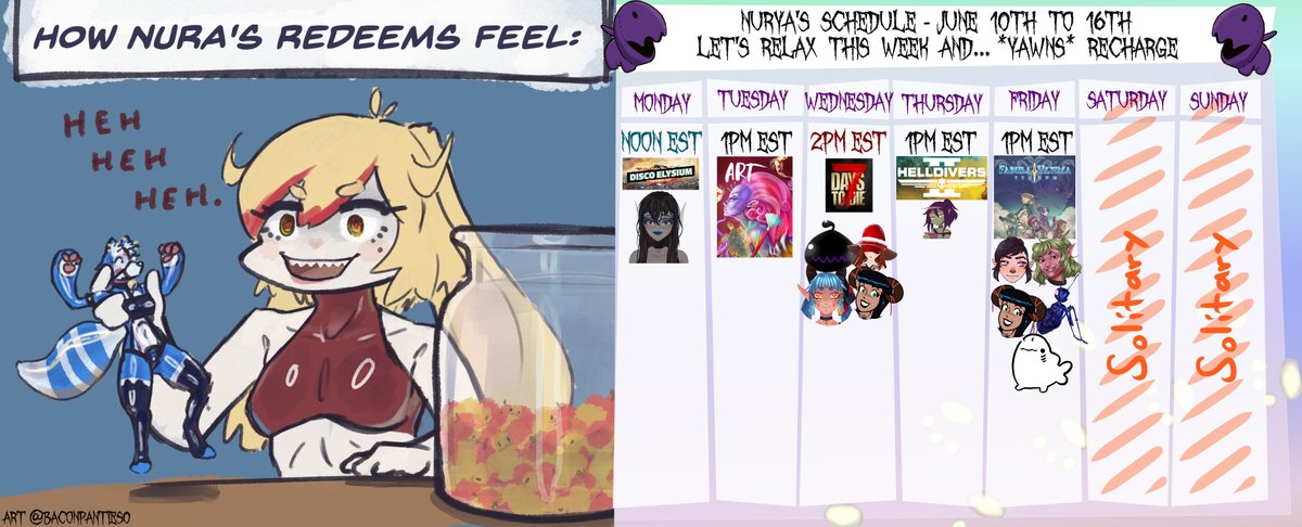 #vtuber #envtuber 

Hey hey people, new schedule here!

No late collabs this weeks, just a few streams. Got some other things going on what with my birthday having just happened.

100% accurate Art by @baconpanties0