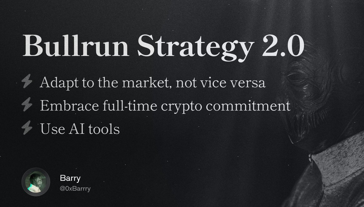 0xBarrry's tweet photo. BULLRUN STRATEGY 2.0
Last year, I wrote about my market strategy. For the past month, I've been navigating the market with an entirely new strategy — one that I've tested and found effective, though it still needs some tweaking. Today, we'll delve into the details of this shift.

Why Did I Decide to Change My Strategy?
Remember, the market will never adapt to you. You must adapt to the market, whether you like it or not. This strategy is particularly interesting because to play it effectively, you must be full-time in crypto. There's no other way. 

I changed my approach after noticing my portfolio's daily decline in value. I made notes and conclusions from all my positions, and a few realizations dawned on me. The main one was that the cash flow of projects quickly shifts from one to another. 

After several intense discussions with my team, we concluded that there might not be new capital (especially in shitcoins), and the better degens win, even in the mcap range up to $350M. These positions rise rapidly but fall just as quickly. Examples include $MUBI, $AIX, $BLENDR, and I could go on. I exited some positions partially, some entirely, and in some cases, even at x20 gains, I didn’t cash out, expecting the market to remain the same — until I realized it had changed.

Yes, my portfolio is still up by hundreds of percent, but the mistakes in holding positions have cost me dearly, prompting a complete overhaul of my strategy.

Conclusions and Strategy
1. Play & Print ETH 
I aim to print as much ETH as possible by playing very quickly and dangerously because I feel confident in this approach. If you're not skilled in shitcoins, don’t attempt this, or you'll end up being a capital donor to me and other degens. I face defeats too, but that’s part of the game.

2. Follow the Trend
This is crucial if you meet the first point. You can't just jump into an AI shitcoin when the market is heating up memes for China. You need to adapt to the current market and join the food chain. A first mover can achieve x30-x50, but if you miss that, aim for a new token for a MAX x10. More than that is unlikely.

3. Full-time Crypto
If you've fulfilled the above steps, you must stay in the market constantly to see what's happening. Without this, you have no edge. If you can’t dedicate yourself fully, this game isn’t for you, as you’ll end up being a capital donor again.

4. Observe
I use several tools daily and combine them with AI to help me with coin research. Most of you know I primarily operate in the Asian market. I have bots that track what Chinese buyers are purchasing, providing me with a significant advantage. These bots inform me which coins are being posted in the largest Telegram groups. Additionally, I often use WeChat and communicate with a closed circle in Asia. (Greetings, brothers!). I don’t suggest you do exactly this, but I want you to understand that AI is incredibly helpful, and you need to build some market advantage. Whether it's tracking wallets, focusing on a single emerging trend, specializing in memes, engaging in community, or making snipes with contracts, the possibilities are vast.

5. Multiple Wallets
Personally, I play positions for 2-3 weeks (rarely on a specific trend), engage in dexes for quick plays, and use bots for sniping. These are three different bots, primarily for diversification in case of an issue. If the ETH amount meets the condition, I move ETH to a ledger and start again with the capital I initially set, using the small spoon method.

Summary
In this game, adaptation is survival, and survival is success. Embrace the shadows of the market, observe silently, and strike with calculated precision.
