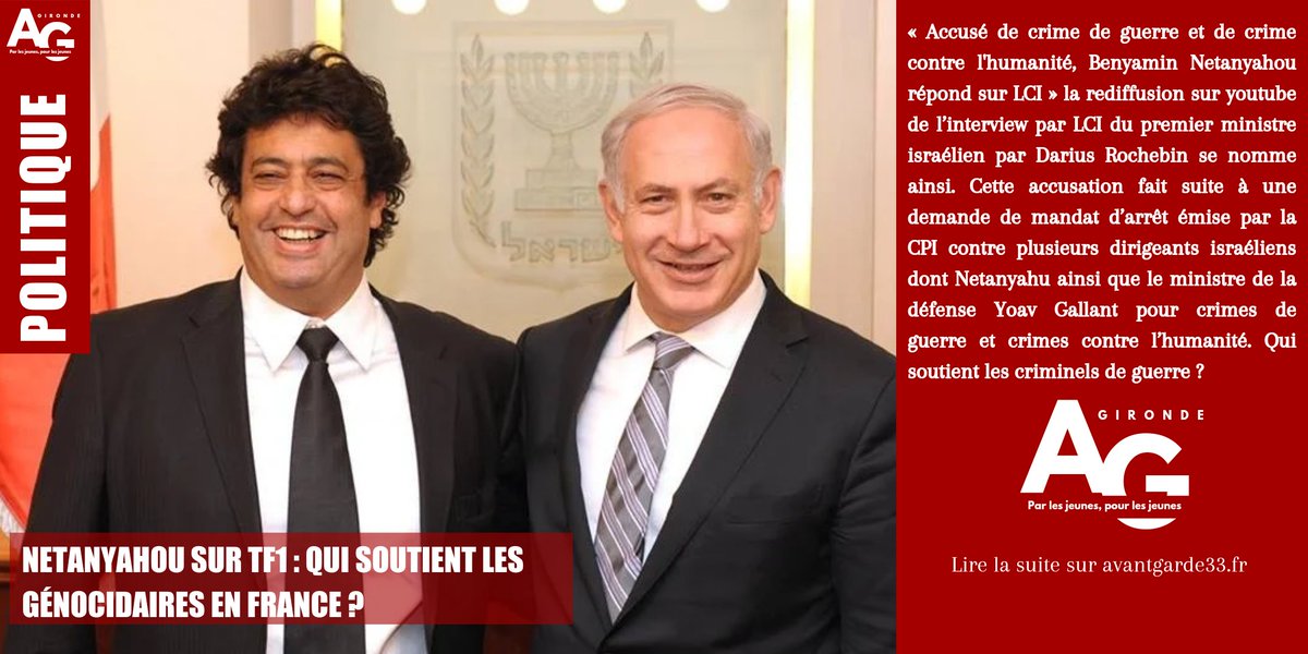 AGarde33's tweet photo. [Politique] 
📢 Netanyahou sur TF1 : Qui soutient les génocidaires en France ?

📰 Lien de l'article : https://t.co/PwKcuiRDBz 

#netanyahu #israel #palestine #palestine🇵🇸 https://t.co/0u8CyXHDYl