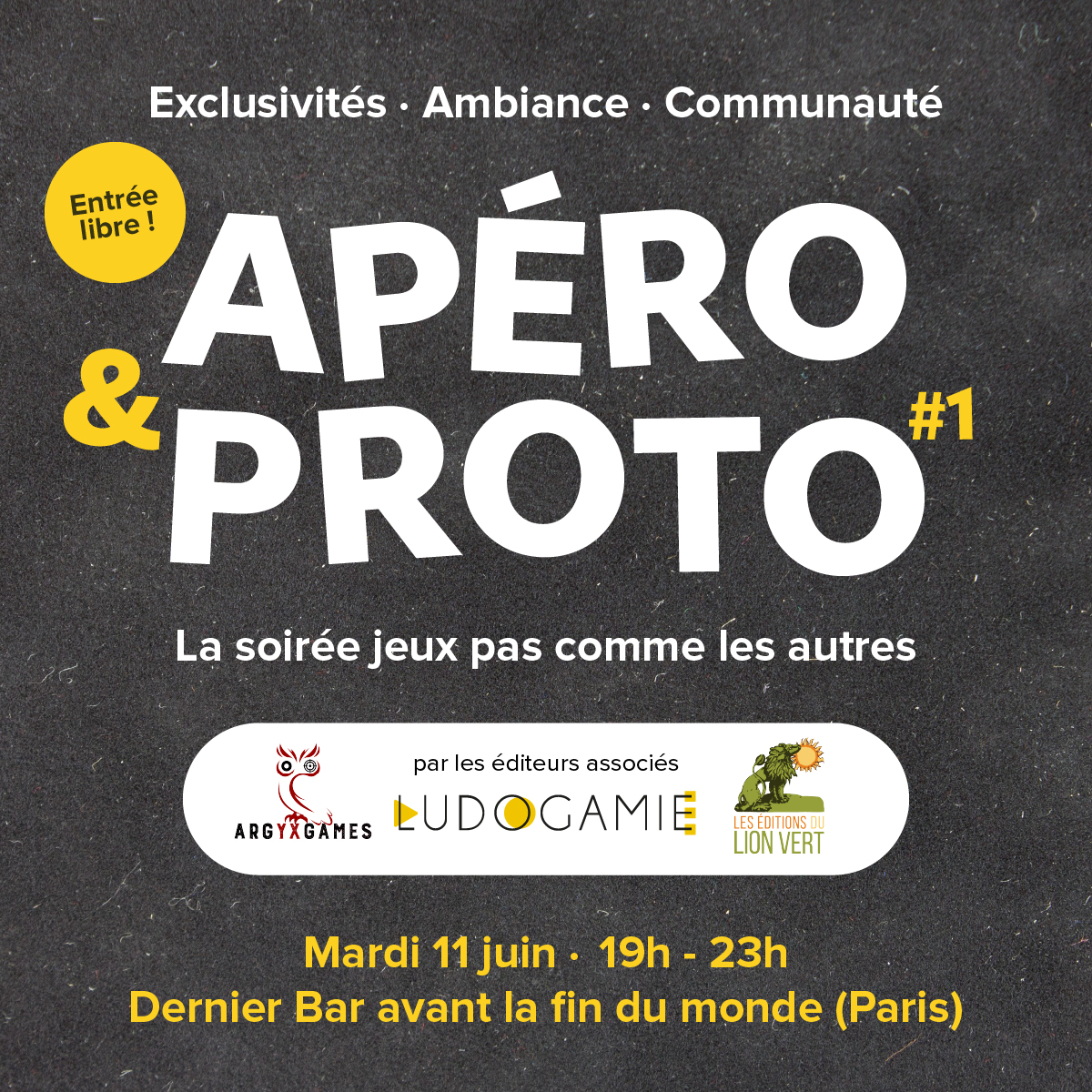 Rappel : demain soirée aura lieu la première soirée Apéro &amp; Proto", co-organisée avec Le Lion Vert et Ludogamie. Rdv au Dernier Bar Avant la Fin du Monde pour des tests de jeux de société : jeux d'enquête, jeux de stratégie, party games... Un moment ludique et convivia ! 👇