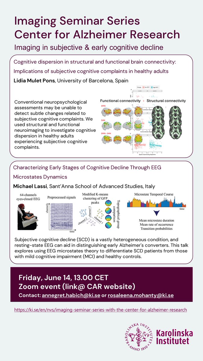 Rosaleena Mohanty (@rosaleena_m) on Twitter photo This Friday <a href="/CAR_Karolinska/">Center for Alzheimer Research at KI</a> 🧠 imaging seminars will conclude for the Spring by welcoming <a href="/lassimichael/">Michael</a> & <a href="/lidia_mulet/">Lídia Mulet Pons</a> who will share with us neuroimaging perspectives in subjective and early cognitive decline. Feel free to reach out to <a href="/annegret_habich/">Annegret Habich</a> or me for the zoom link! This Friday <a href="/CAR_Karolinska/">Center for Alzheimer Research at KI</a> 🧠 imaging seminars will conclude for the Spring by welcoming <a href="/lassimichael/">Michael</a> & <a href="/lidia_mulet/">Lídia Mulet Pons</a> who will share with us neuroimaging perspectives in subjective and early cognitive decline. Feel free to reach out to <a href="/annegret_habich/">Annegret Habich</a> or me for the zoom link!