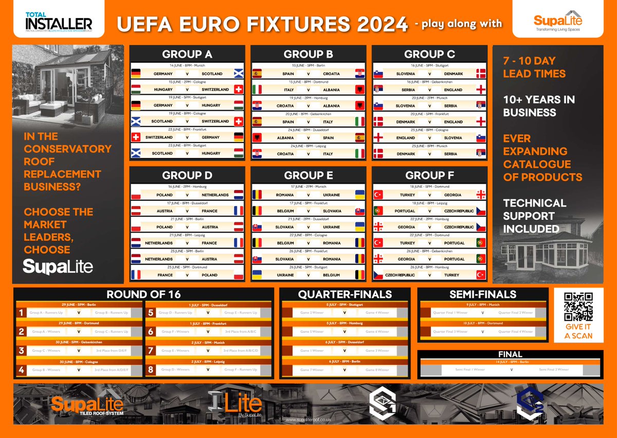 SupaLite Roof (@supaliteroofs) on Twitter photo UEFA Euro 2024 kicks off this week, and we can't wait! ⚽🏆
We've teamed up with <a href="/InstallerTotal/">Total Installer Magazine</a> to create a sweepstake kit so you can join in on the fun! Download yours here 👉 total-installer.co.uk/magazine/
#Euro2024 #Football #Sweepstake #ItsComingHome #ComeOnEngland UEFA Euro 2024 kicks off this week, and we can't wait! ⚽🏆
We've teamed up with <a href="/InstallerTotal/">Total Installer Magazine</a> to create a sweepstake kit so you can join in on the fun! Download yours here 👉 total-installer.co.uk/magazine/
#Euro2024 #Football #Sweepstake #ItsComingHome #ComeOnEngland