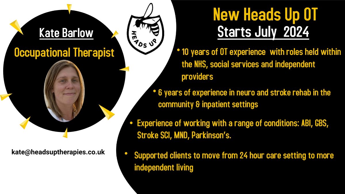 We are delighted to be welcoming a new OT, Kate Barlow, to the Heads Up Therapies team at the end of July. Kate has 10 years of neuro experience and is an excellent addition to our team.