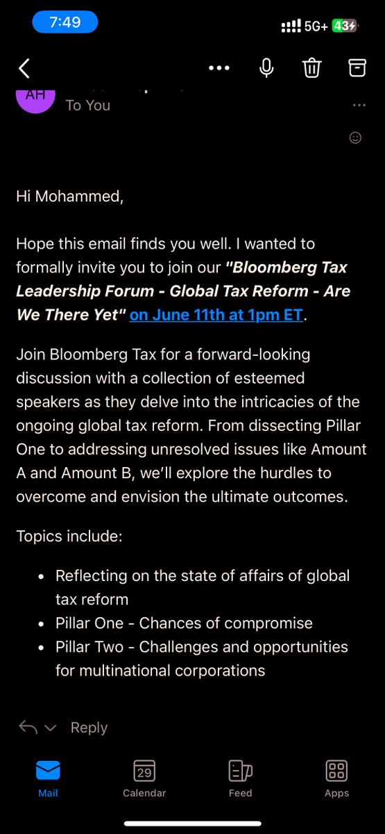 سعيد بدعوتي للمشاركه بمنتدى بلومبرغ <a href="/tax/">Bloomberg Tax</a> لقيادة الضرائب ( الإصلاح الضريبي العالمي ) الذي سيعقد غداً .. المنتدى سيتناول موضوعات متعلقة بالإصلاح الضريبي العالمي، حيث سيناقش مجموعة من المتحدثين البارزين تفاصيل هذه الإصلاحات. المواضيع تشمل: x.com/moh_alganmi/st…