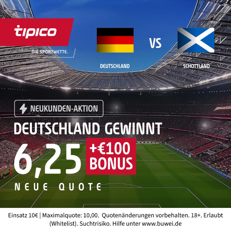 Tipico_de's tweet photo. Neukunden-Aktion⚡Neue Quote für einen Sieg von Deutschland und bis zu 100€ Neukundenbonus⚡