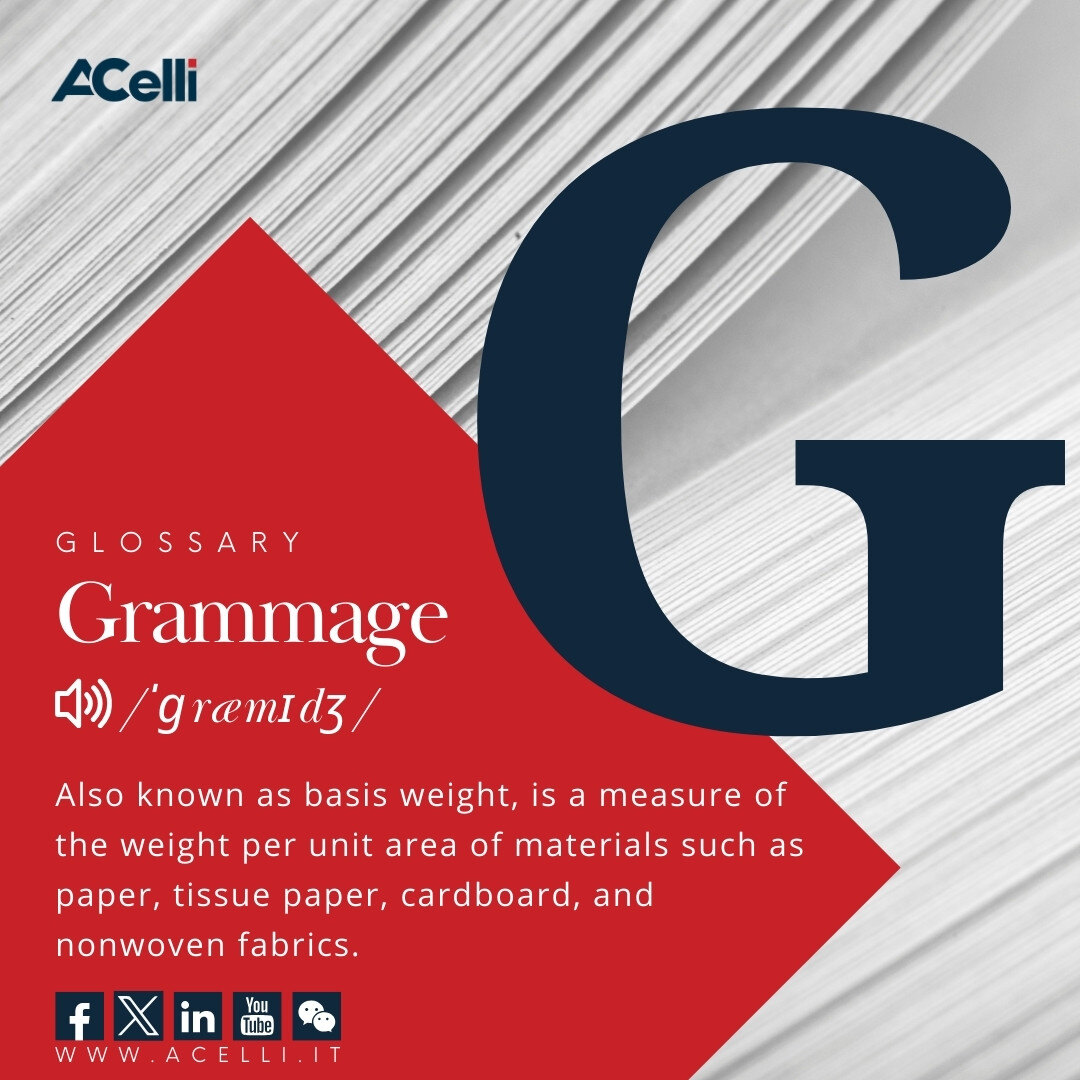 ACelliGroup's tweet photo. G is for GRAMMAGE
Grammage, also known as basis weight, is a measure of the weight per unit area of materials such as paper, tissue paper, cardboard, and nonwoven fabrics.
#acelli #onaroll #tissue #paper #nonwovens #cardboard #vocabulary #glossary #grammage #basisweight https://t.co/O4G5feqDZI