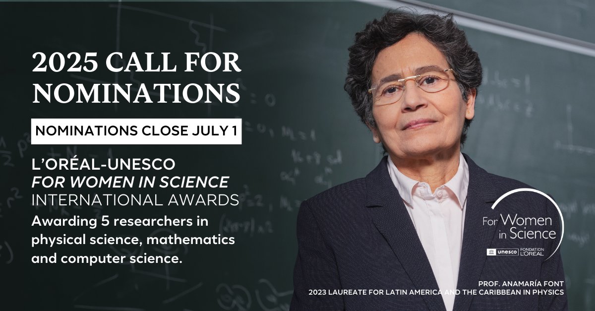 Fondation L'Oréal (@fondationloreal) on Twitter photo 👩🔬 The 2025 L'Oréal-<a href="/UNESCO/">UNESCO 🏛️ #Education #Sciences #Culture 🇺🇳</a> #ForWomenInScience International Awards will reward five outstanding researchers in physical science, mathematics and computer science.
Nominate a candidate for her contribution to scientific advancement before July 1st 👉forwomeninscience.com/challenge/show… 👩🔬 The 2025 L'Oréal-<a href="/UNESCO/">UNESCO 🏛️ #Education #Sciences #Culture 🇺🇳</a> #ForWomenInScience International Awards will reward five outstanding researchers in physical science, mathematics and computer science.
Nominate a candidate for her contribution to scientific advancement before July 1st 👉forwomeninscience.com/challenge/show…