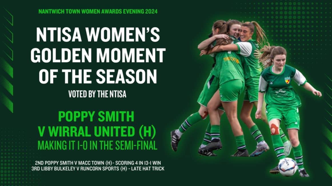 NantwichWomenFC's tweet photo. 🏆| 𝗚𝗢𝗟𝗗𝗘𝗡 𝗠𝗢𝗠𝗘𝗡𝗧

Voted for by The NTISA, this went to Poppy Smith for her opening goal in the cup semi final against Wirral United! ⚽️ https://t.co/jn7bgGrwzw