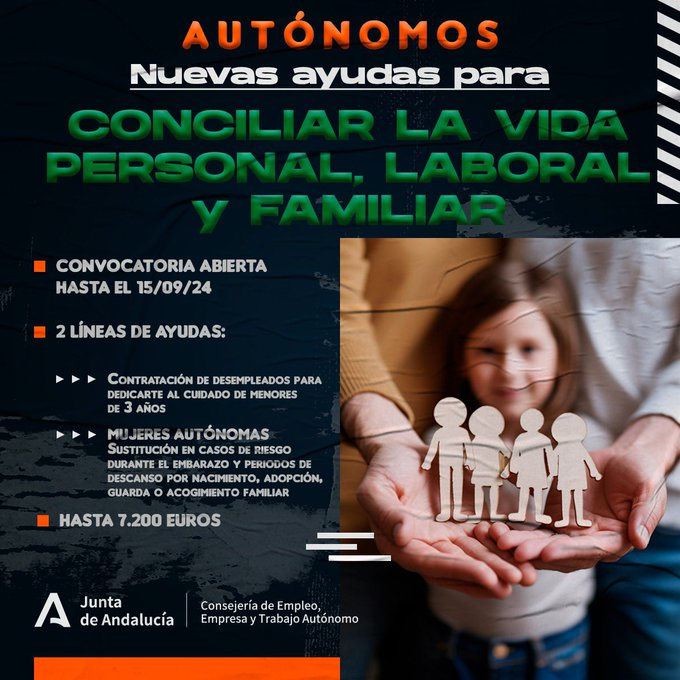 CONVOCATORIA

❌Ayudas <a href="/EmpleoJunta/">Consejería de Empleo, Empresa y Trabajo Autónomo</a> para #Autónomos conciliación vida personal, familiar y laboral

ℹ️ bit.ly/3VcftP6
🖱️Línea 4: bit.ly/4e9HgZb
🖱️Línea 5: bit.ly/4aQr1xh

📌Hasta 15/09

Te ayudamos👇
📲bit.ly/2CCGkM2
🗺️bit.ly/2tbT363