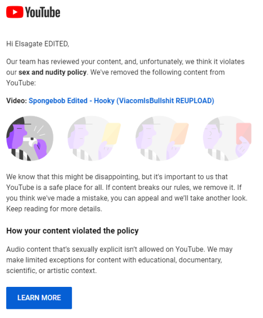 ElsagateEDITED's tweet photo. @TeamYouTube A video of mine got taken down for "nudity &amp; sexual content" despite there being none present in the video apart from sexual references in audio form only. This should not violate TOS since there is an example scenario in the quiz that is considered an exemption. https://t.co/LxNannKCTZ