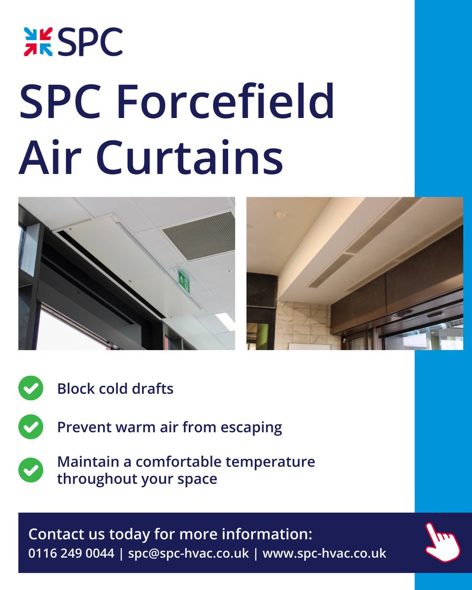 spchvac's tweet photo. Improve comfort &amp; energy efficiency with SPC Air Curtains!

➡️ Block cold drafts &amp; prevent warm air from escaping
➡️ Reduce energy costs &amp; create a better environment
🇬🇧 Manufactured in the UK with a variety of options

#AirCurtains #EnergySavings #Comfort https://t.co/cvJ34fBnYv