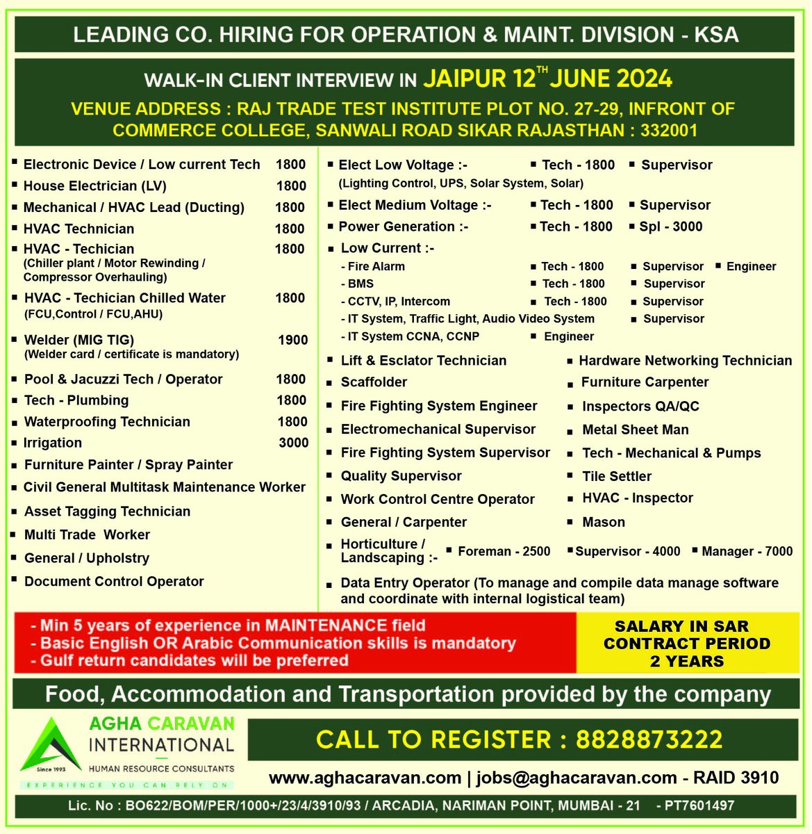 aghacaravanhrc's tweet photo. Greetings from Agha Caravan!
Kindly apply on the given email with your updated CV and position in the subject line.
Thank you.
#acijobs #jobseekers #ksajobs #ksa #supervisor #technician #lowcurrent #plumbing #operator #urgenthiring #applynow #jobvacancy #Jobopportunity https://t.co/tFl63fdV2l