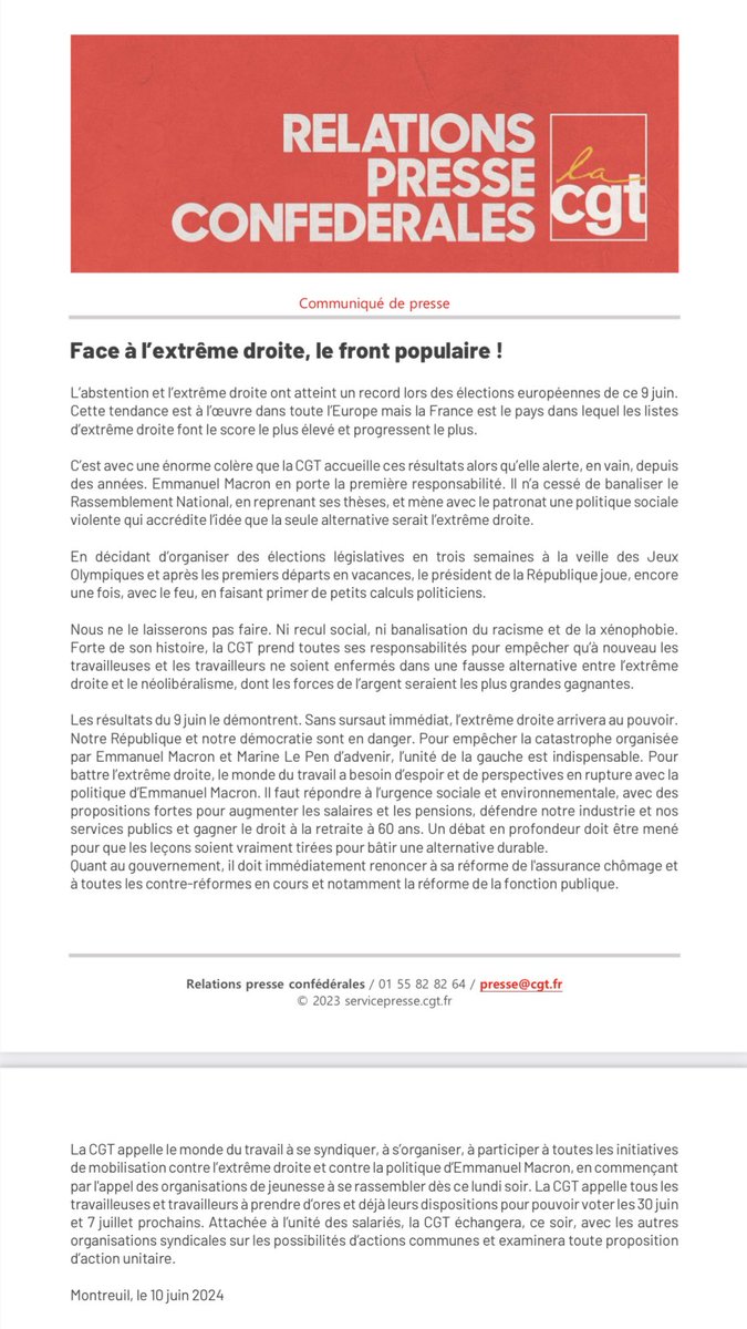 lacgtcommunique's tweet photo. Pour gagner contre l’extrême droite il faut répondre aux exigences sociales : augmenter les salaires et les retraites et les indexer sur les prix, défendre notre industrie et nos services publics… 

Attachée a l’unité des salarié•es la #CGT échange ce soir avec les autres organisations syndicales et appelle d’ores et déjà le monde du travail à s'organiser et participer à toutes les initiatives de mobilisation contre le poison de l'extrême droite et contre la politique d'Emmanuel Macron.