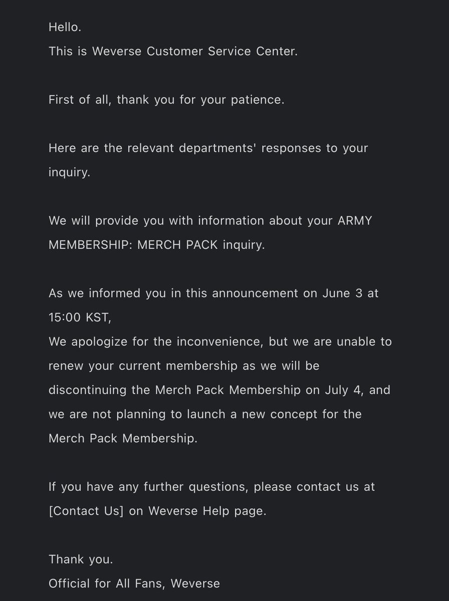 ohmaews's tweet photo. @Bora_Nerd @ArmyRowan_BTS just me adding to the convo. i am unable to renew even though i’m in the time frame to do so. i asked weverse about it, this was their response: https://t.co/ZjUtvPvZ2h