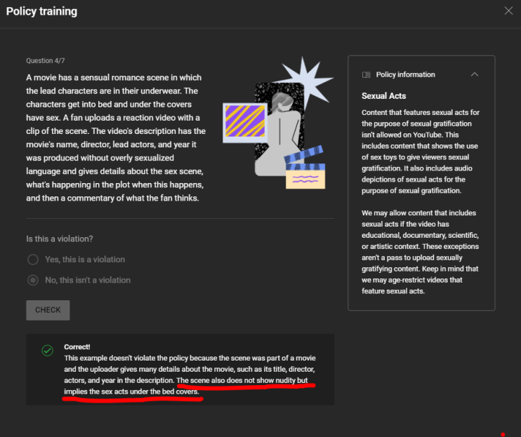 ElsagateEDITED's tweet photo. @TeamYouTube A video of mine got taken down for "nudity &amp; sexual content" despite there being none present in the video apart from sexual references in audio form only. This should not violate TOS since there is an example scenario in the quiz that is considered an exemption. https://t.co/LxNannKCTZ
