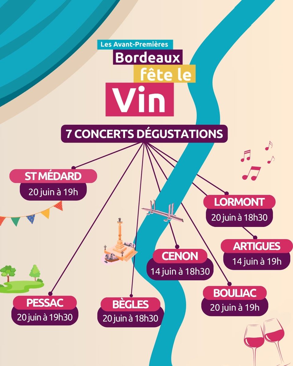 [Avant-Premières] Programme des concerts dégustation 🍷 
En amont du festival, Bordeaux Fête le Vin s'invite dans 7 lieux insolites de la métropole bordelaise les 14 et 20 juin 🥰 Au menu : vin, musique, food &amp; rencontres !

👉 Le programme complet ➡ cutt.ly/IeiFsMlj